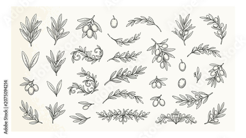 Fotografie Vintage olive branch line art collection, hand drawn botanical sketches of olive