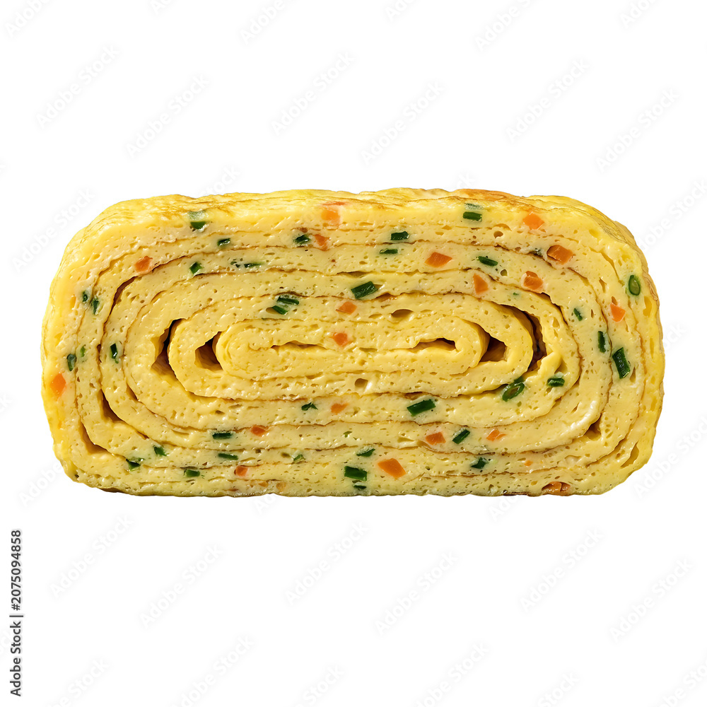 Fototapeta premium Rolled japanesestyle omelette with vegetables isolated on transparent background