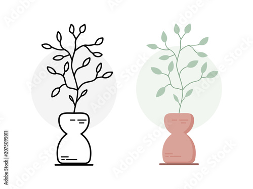 Wild Branching Plant in Boho Vase Line Art and Flat Style Set