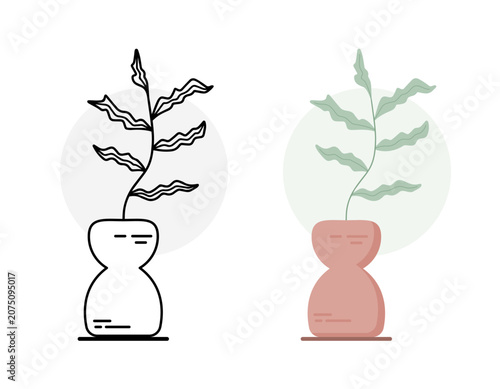Wavy Leaf Branch Plant in Boho Vase Line Art and Flat Style Set