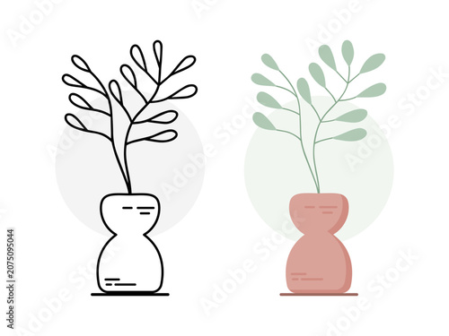 Finger Leaf Branch Plant in Boho Vase Line Art and Flat Style Set