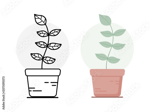 Stem Plant with Veined Leaves in Pot Line Art and Flat Style Set