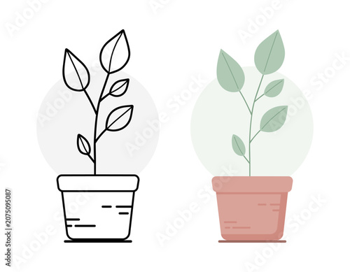 Small Potted Plant with Oval Leaves Line Art and Flat Style Set