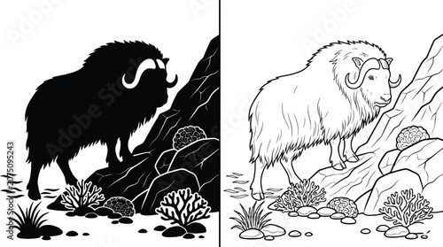 Konstfotografi Musk Ox Icon with Large Horns Standing on a Rocky Mountain Slope with Small Plants, in a Flat Vector Style