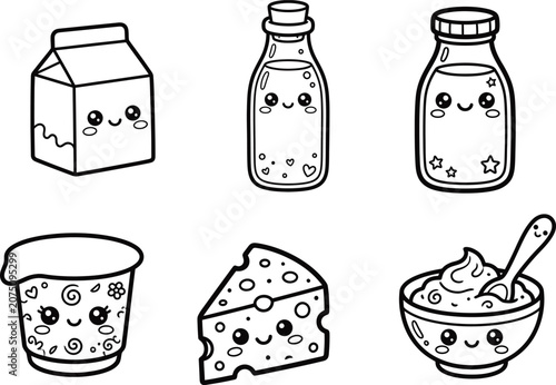 Cute dairy products milk and cheese line art set.