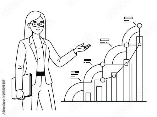 Businesswoman presenting financial growth, a professional female analyst explaining market trends. Data visualization and analytics concept vector illustration for corporate reports and