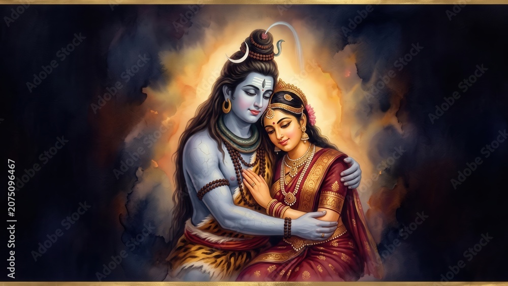 Obraz premium Lord Shiva and Goddess Parvati – Traditional Divine Embrace Painting