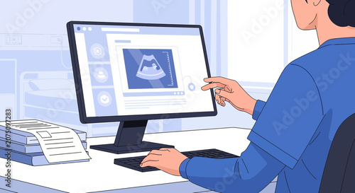 Doctor Examines Ultrasound Scan on Computer Screen, Medical Technology Concept