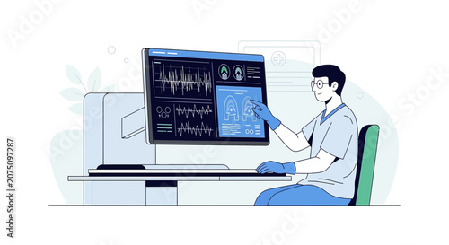 Doctor Examining Medical Scan on Computer Screen, Healthcare Technology
