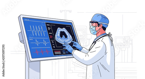 Doctor examining medical scan on digital screen in hospital technology lab