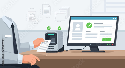 Document Scanning and Data Processing at Desk with Computer