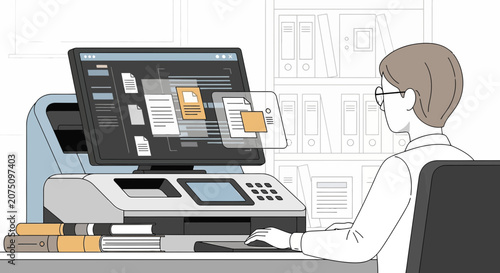 Document Management System: Person uses computer & scanner for digital archiving