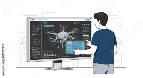 Drone blueprint design on monitor, digital engineering technology concept