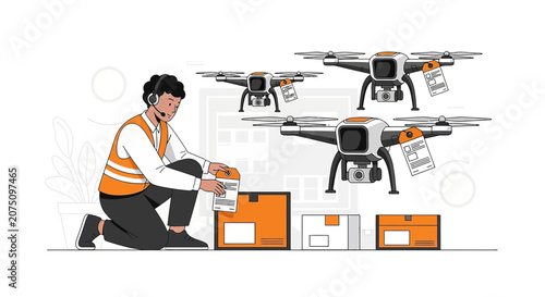 Drone Delivery Logistics: Man with Packages and Flying Drones, Future Delivery Service