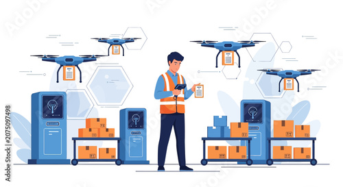 Drone Delivery Service: Warehouse Worker Scans Package Amidst Aerial Drones