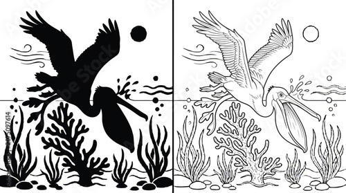 Foto Pelican Diving Into the Water with a Splash to Catch Food in a Coral Reef Environment