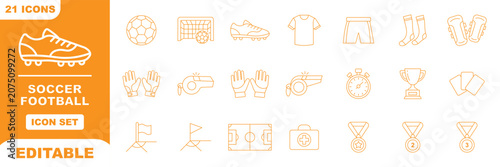Tableau sur toile Soccer and football championship thin line icon set containing stadium ball whistle jersey field and scoreboard symbols