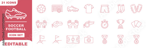 Photos Soccer and football championship thin line icon set containing stadium ball whistle jersey field and scoreboard symbols