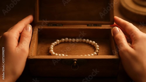 Opening wooden jewelry box to reveal pearl bracelet