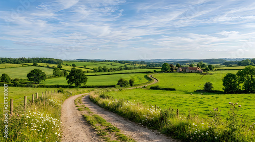 Panoramic view of a serene rural landscape with a winding dirt road
