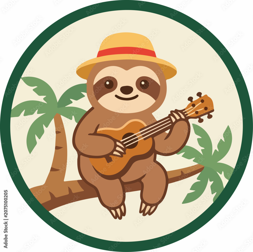 Naklejka premium Sloth Playing Ukulele on Tree.