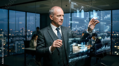 Businessman Interacting with Futuristic Holographic Data Display in Modern Office