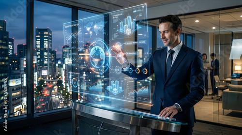 Business professional interacting with digital interface in modern office with cityscape view