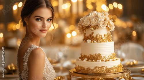 Luxury White and Gold Wedding Cake with Elegant Floral Decoration