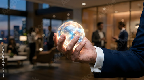 Businessperson holding transparent globe in modern office with blurred colleagues