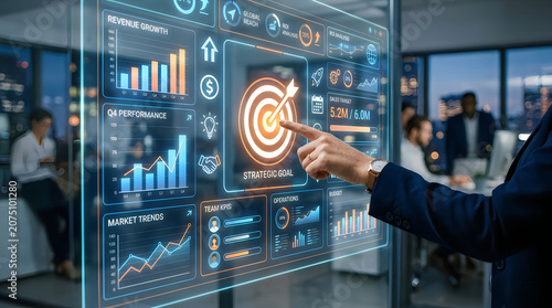 Hand Pointing to Digital Interface with Data Analytics and Business Dashboard in Modern Office
