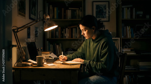 Person writing at desk in dark room with lamp