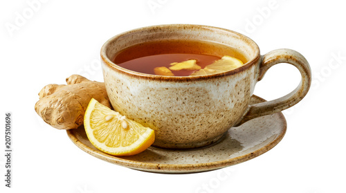 Cup of ginger tea with lemon slices and fresh ginger root isolated on transparent background
