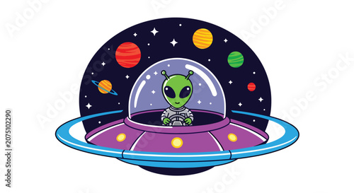 Konstfotografi Flat style vector illustration of a smiling green alien driving a flying saucer among colorful planets and stars