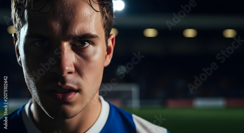 Close up portrait of a determined soccer player with sweat on his face, looking intensely at the camera on the field