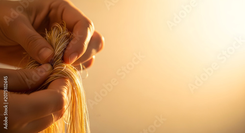Close up of hands holding and examining strands of golden thread against a warm, blurred background