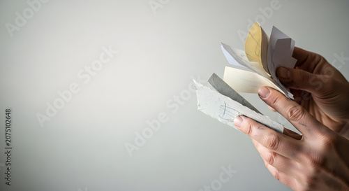 Close up of hands holding and fanning out torn pieces of paper with different colors and textures against a light background