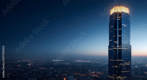 High angle view of a modern skyscraper at dusk with city lights in the background and a clear blue sky