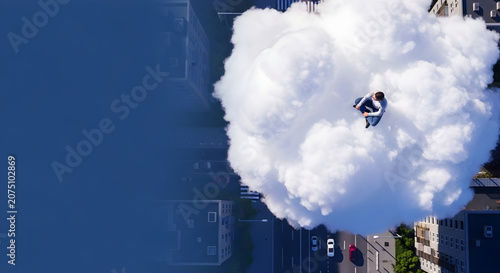 Man sitting on a cloud above a city, concept of technology, innovation, and digital transformation