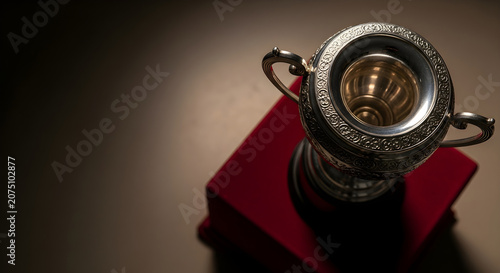 Elegant silver trophy on a red stand, top view, symbol of achievement, award, success, and competition, with copy space