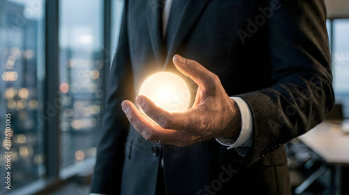 Businessperson holding glowing orb in office