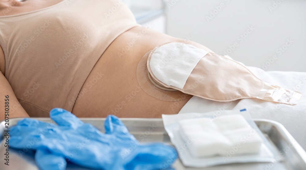 Fototapeta premium Woman wearing ostomy pouch while lying on clinic exam table, close-up stoma care concept for colostomy or ileostomy treatment education.