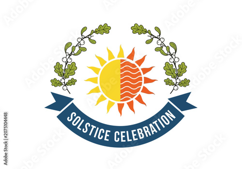 Fotografie Solstice Celebration Emblem with Sun and Wreath.