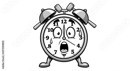 Foto Scared Alarm Clock Character with Sweating, Wide Eyes and Open Mouth
