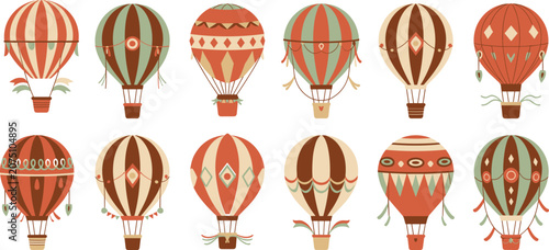 Vintage hot air balloon vector set with retro boho designs isolated on a white background for patterns