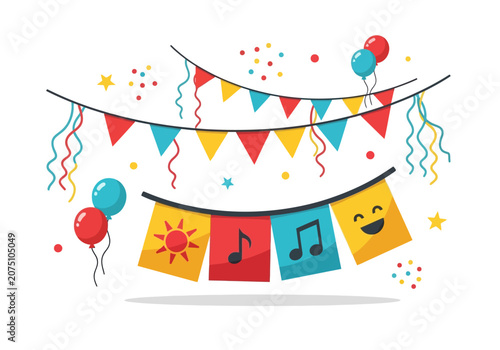 Foto Colorful Party Bunting with Balloons and Music Notes.