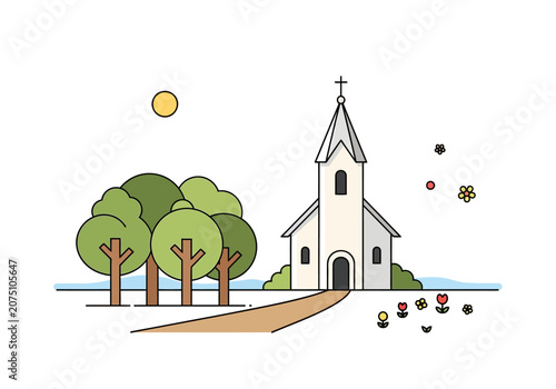 Tableau sur toile A charming white church with a tall steeple and a cross on top.