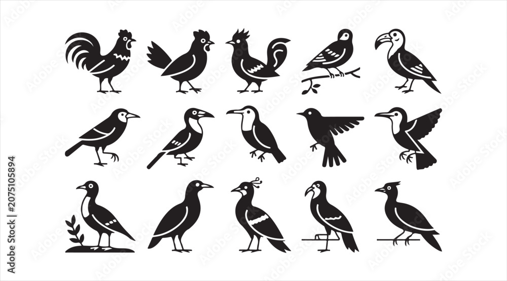 Obraz premium Modern Avian and Wildlife Symbol Set with Bird Silhouette Vector Icons for Web and UI Design