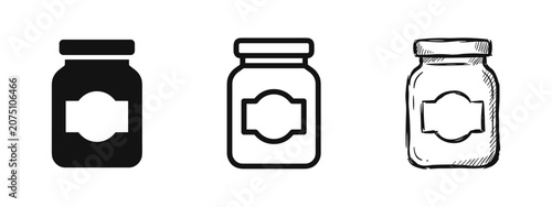 Tableau sur toile Set of glass jar icons with label, outline, solid and hand-drawn sketch styles