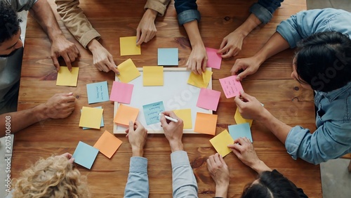 Diverse business team brainstorming with sticky notes on table