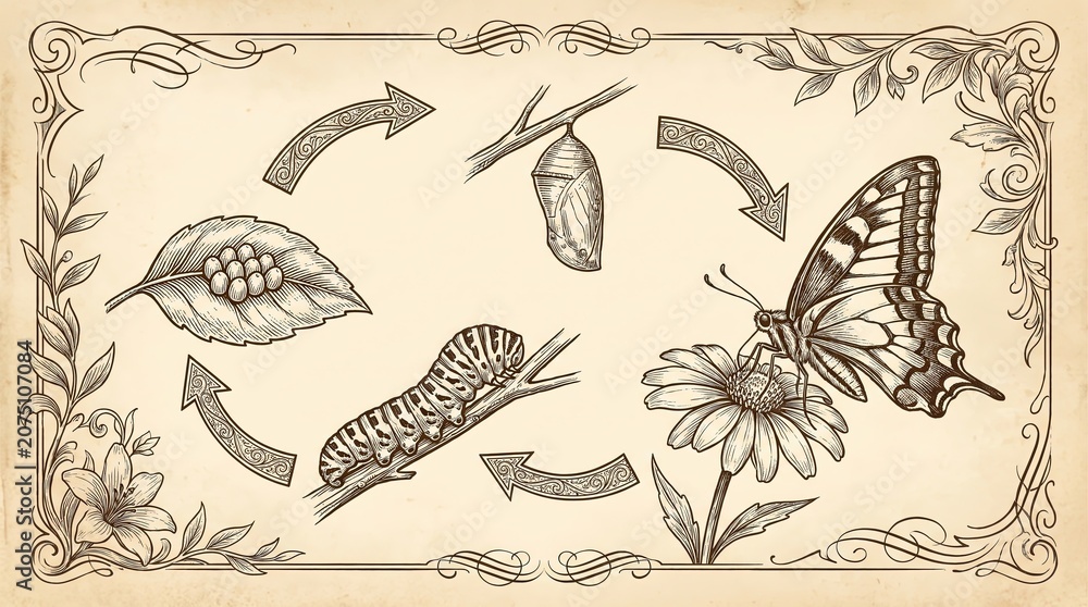 Obraz premium Butterfly Life Cycle Diagram, Vintage Life Cycle Diagram of Butterfly Transformation